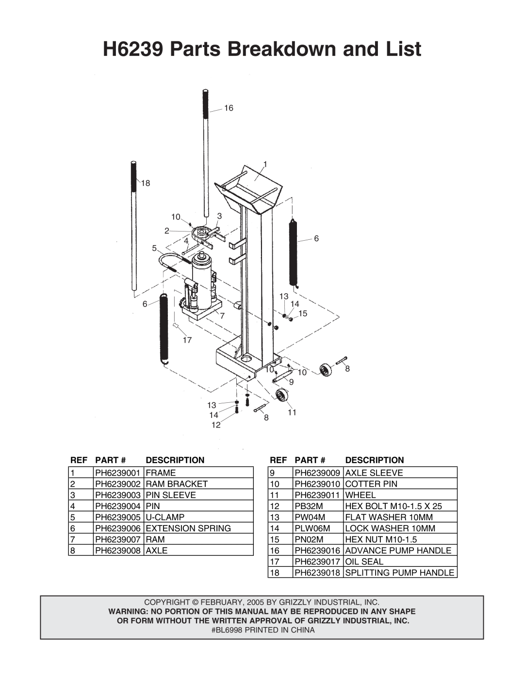 Grizzly instruction sheet H6239 Parts Breakdown and List, Ref Part #, Description 