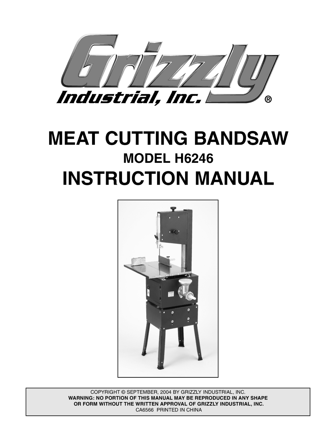 Grizzly H6246 instruction manual Meat Cutting Bandsaw 