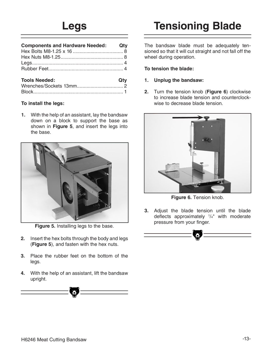 Grizzly H6246 instruction manual Legs, Tensioning Blade 