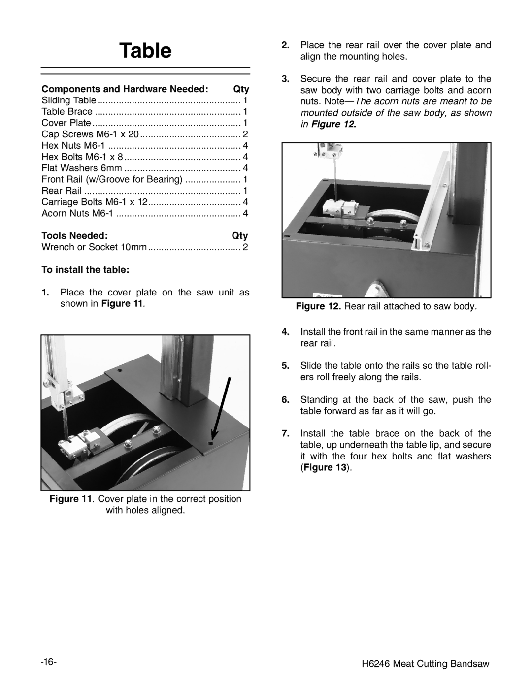 Grizzly H6246 instruction manual To install the table, Hex Bolts M6-1 x 