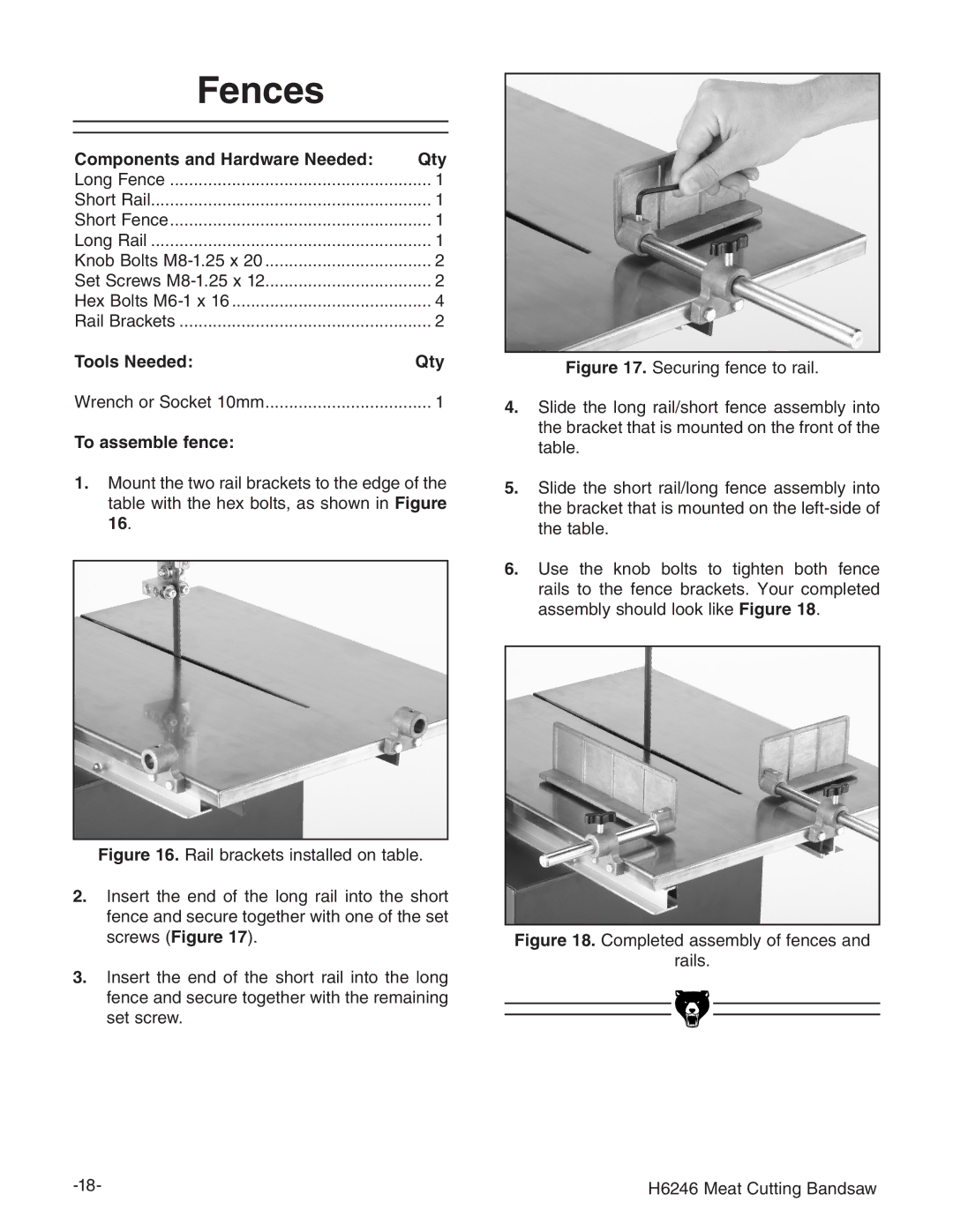 Grizzly H6246 instruction manual Fences, To assemble fence 