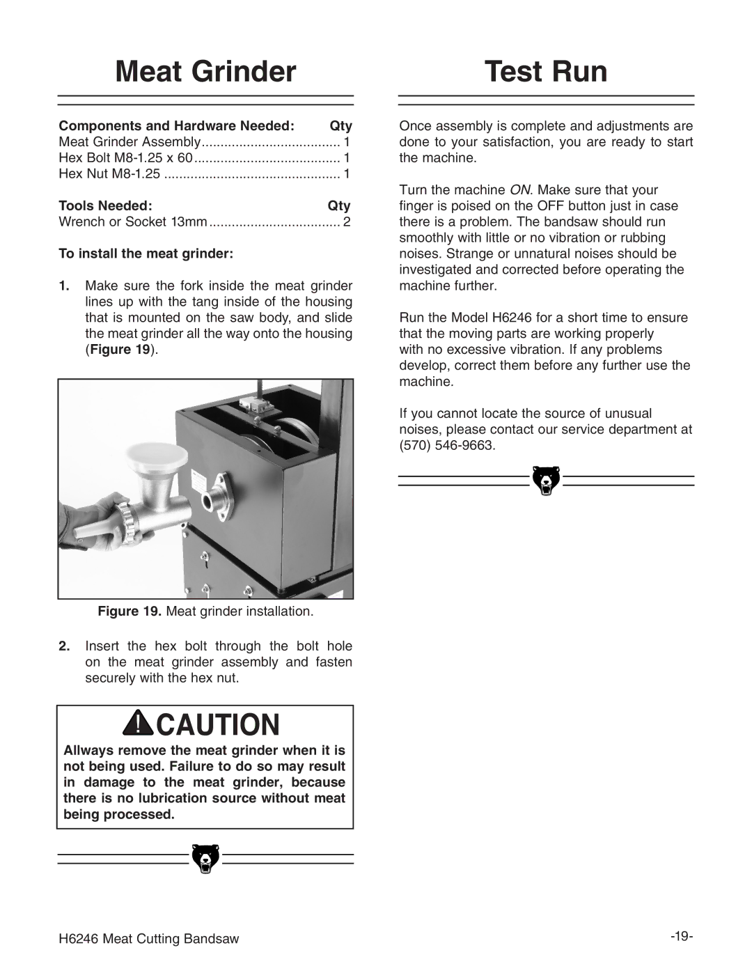 Grizzly H6246 instruction manual Meat Grinder, Test Run, To install the meat grinder 