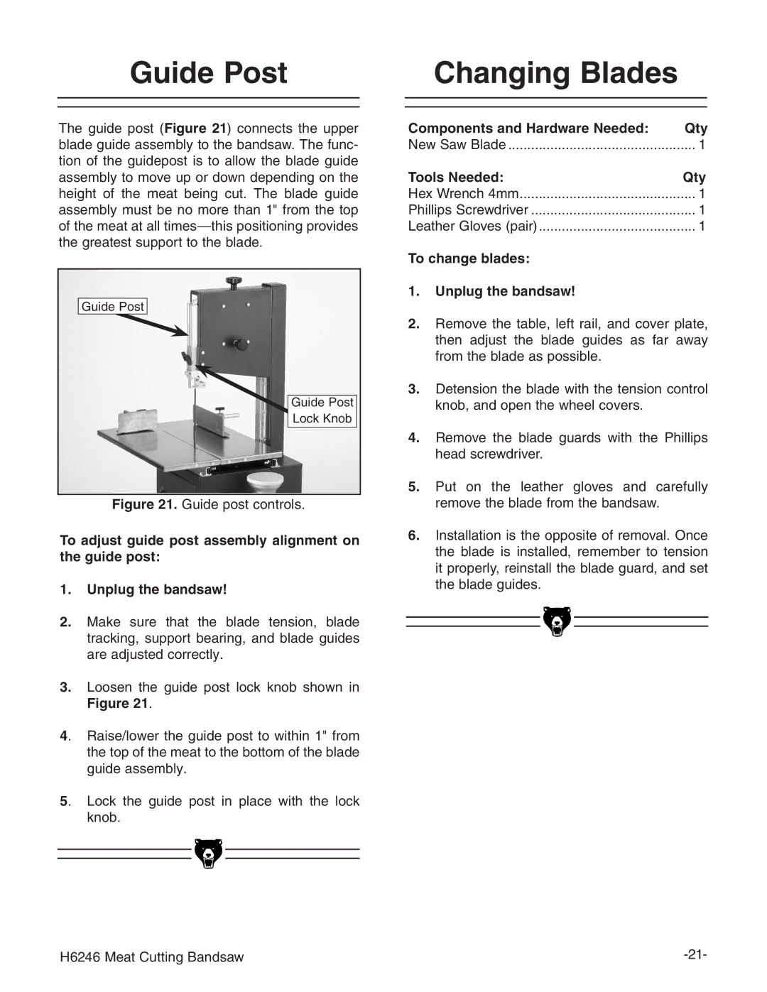 Grizzly H6246 instruction manual Guide Post, Changing Blades, To change blades Unplug the bandsaw 