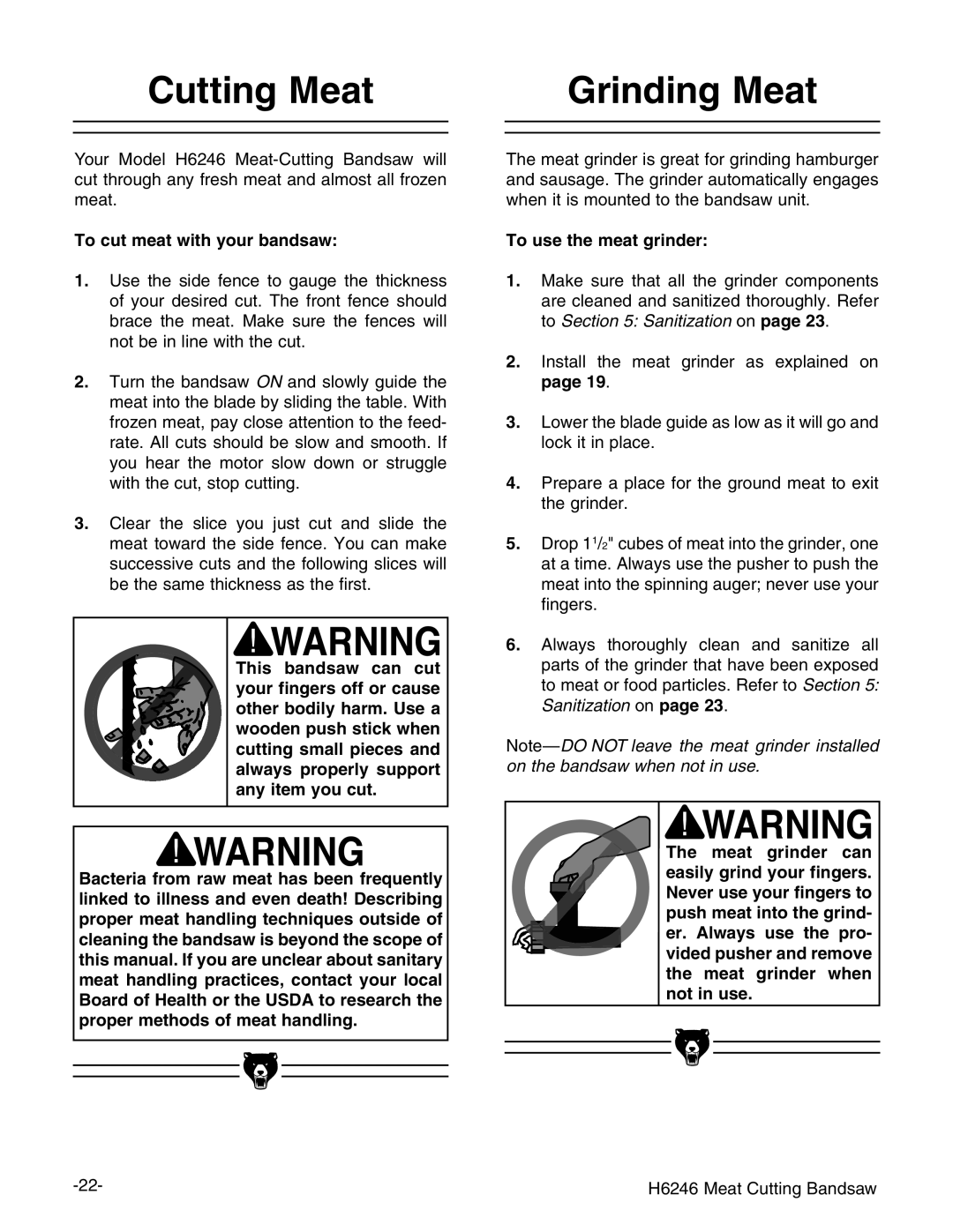 Grizzly H6246 instruction manual Cutting Meat Grinding Meat, To cut meat with your bandsaw, To use the meat grinder 