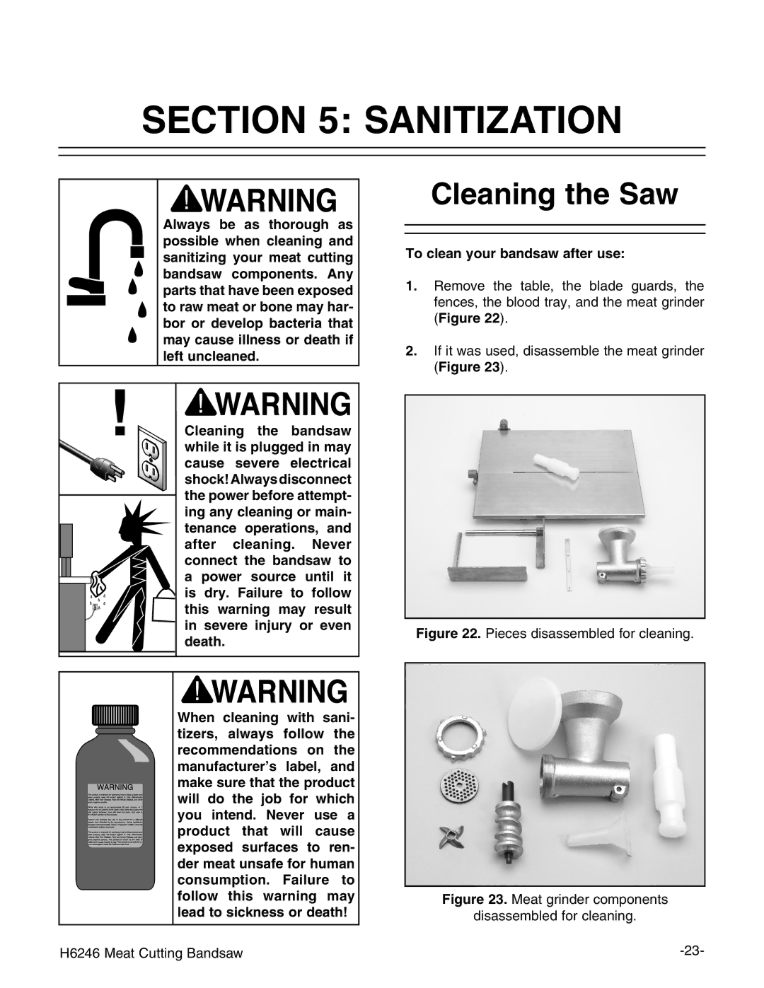 Grizzly H6246 instruction manual Sanitization, Cleaning the Saw 