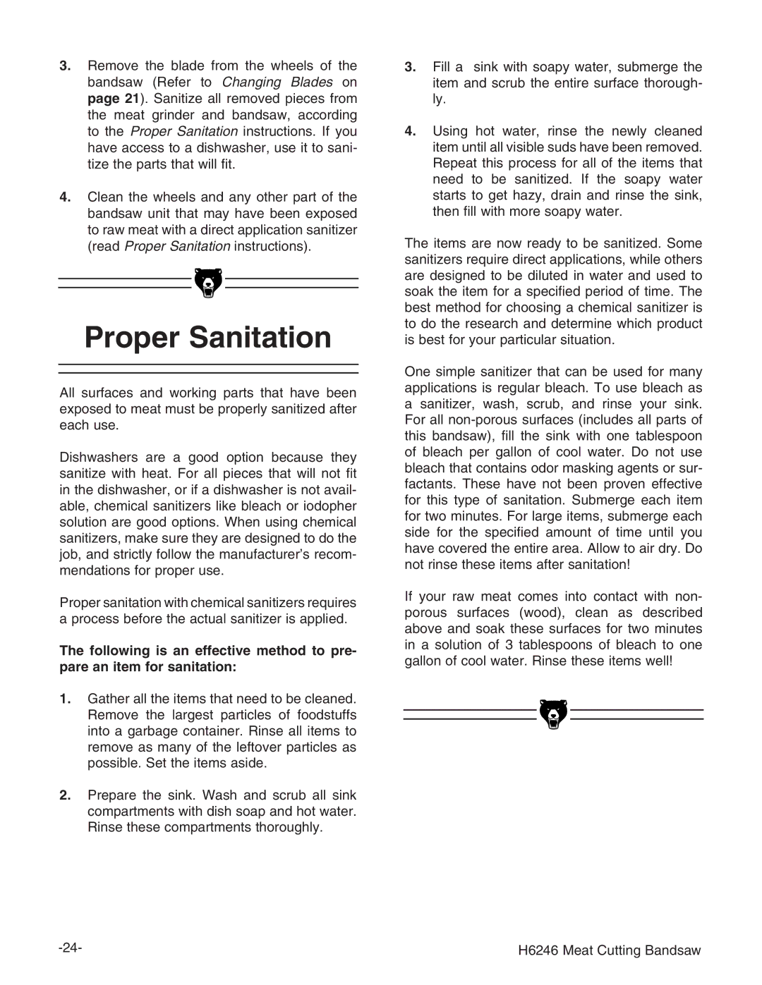 Grizzly H6246 instruction manual Proper Sanitation 