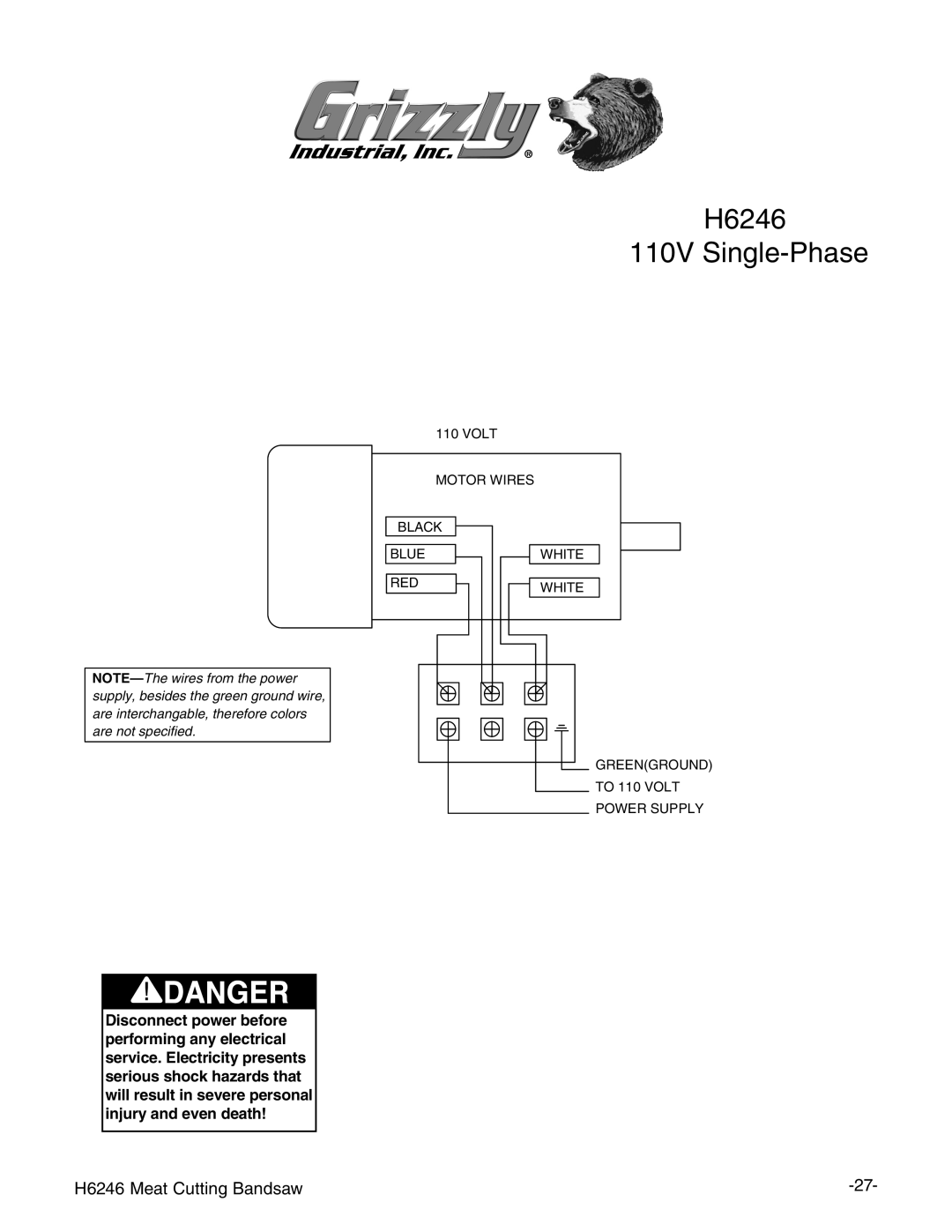 Grizzly instruction manual H6246 110V Single-Phase 