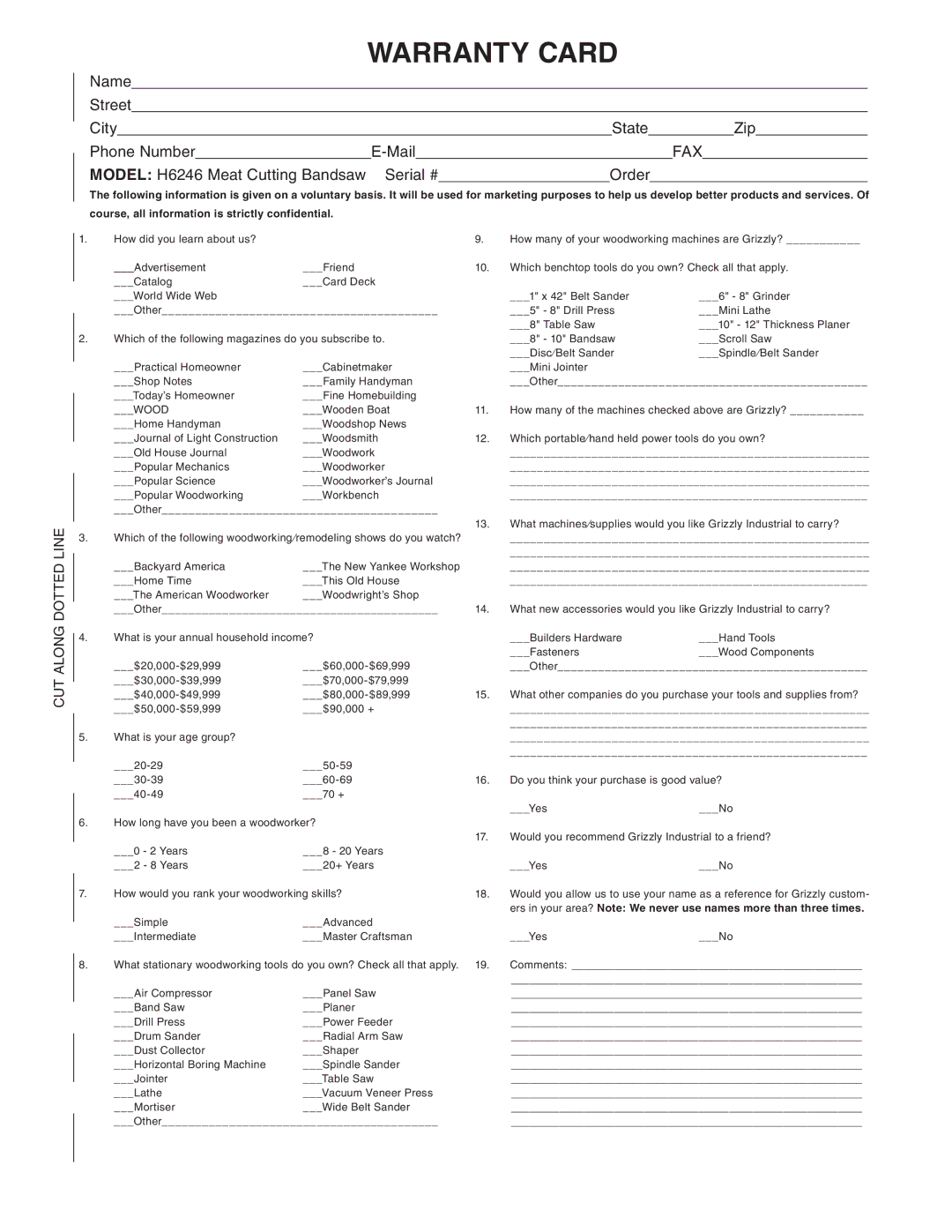 Grizzly H6246 instruction manual Warranty Card 