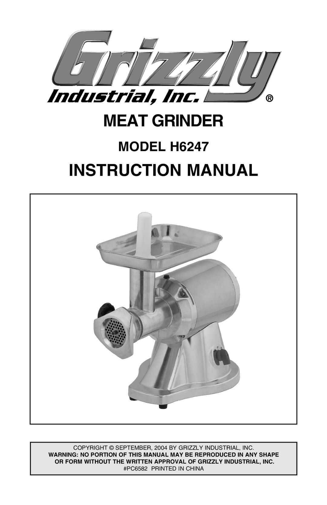 Grizzly H6247 instruction manual Meat Grinder 