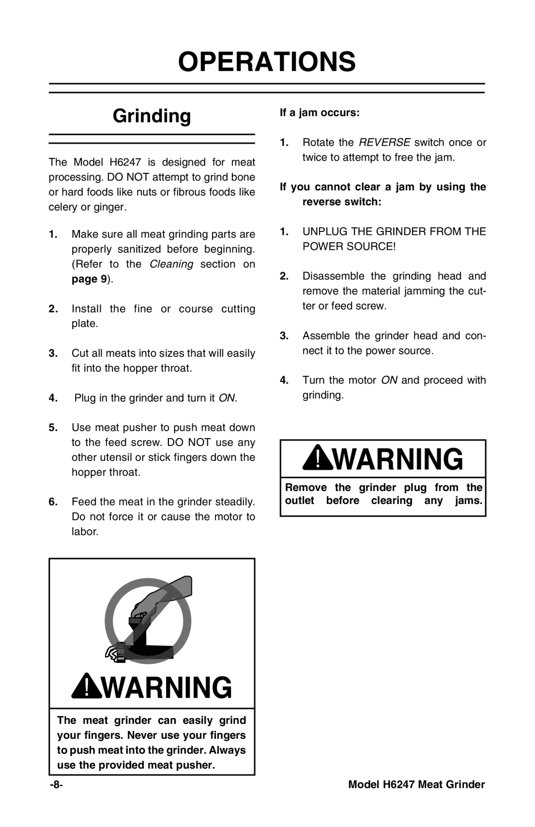 Grizzly H6247 instruction manual Operations, Grinding 