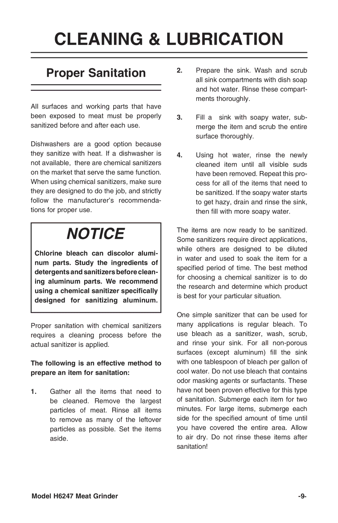 Grizzly H6247 instruction manual Cleaning & Lubrication, Proper Sanitation 