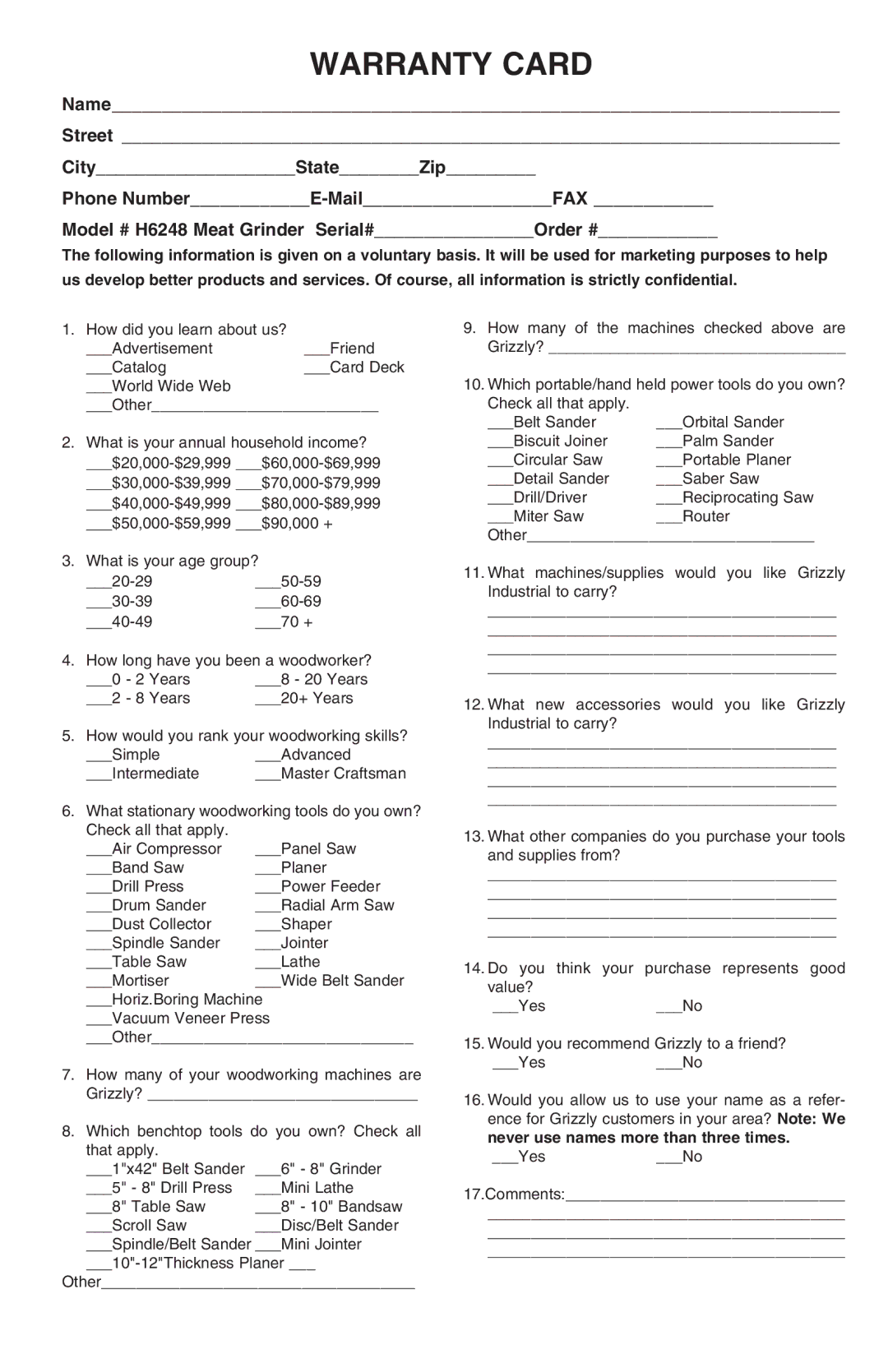 Grizzly H6247 instruction manual Warranty Card 