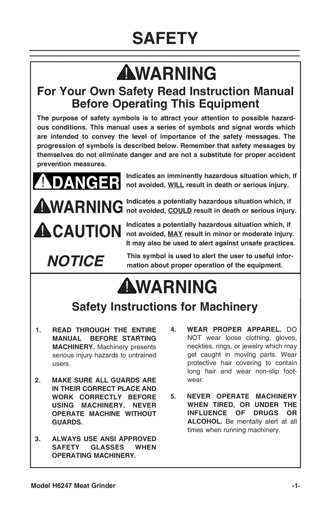 Grizzly H6247 instruction manual Before Operating This Equipment, Safety Instructions for Machinery 