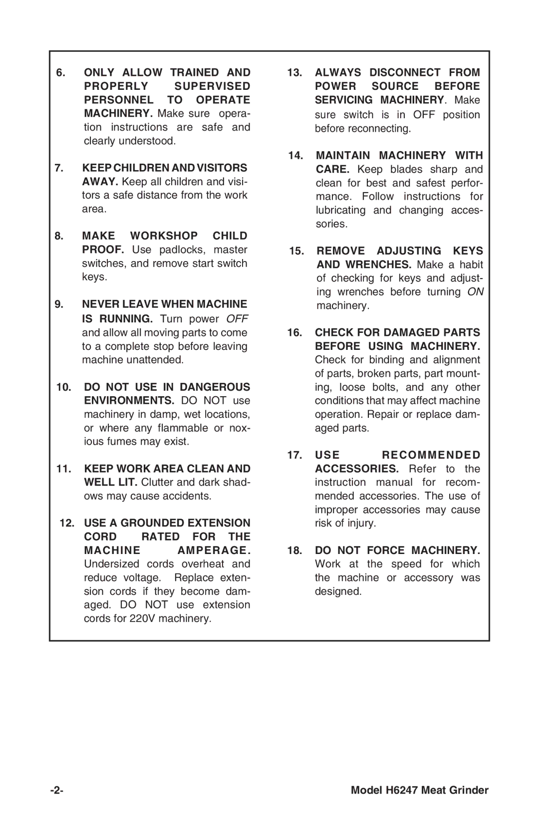 Grizzly H6247 instruction manual Only Allow Trained 