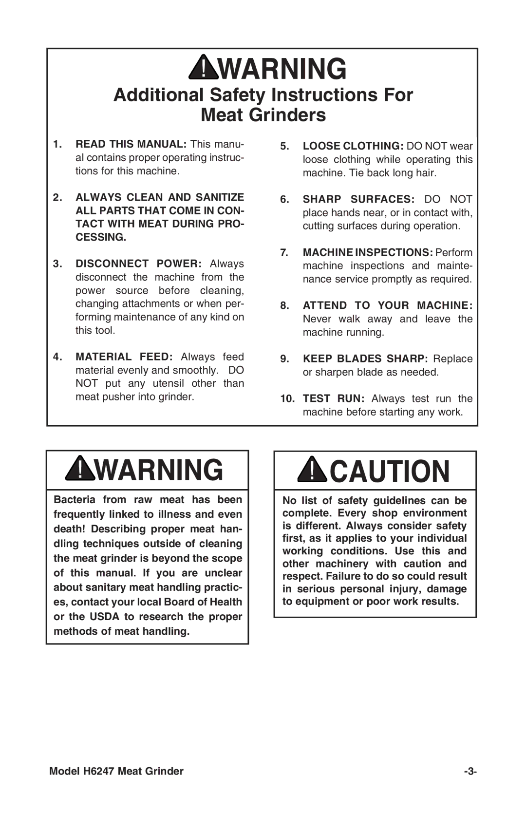 Grizzly H6247 instruction manual Additional Safety Instructions For Meat Grinders 