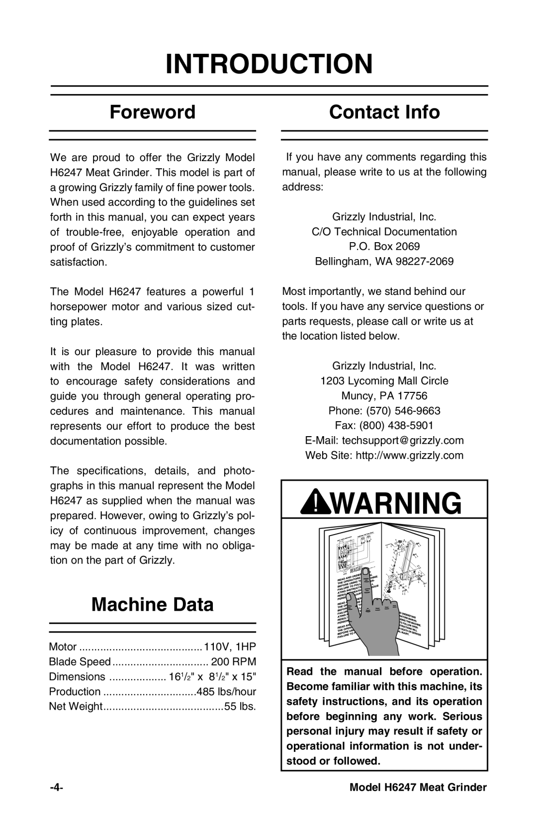 Grizzly H6247 instruction manual Introduction, Foreword Contact Info, Machine Data 