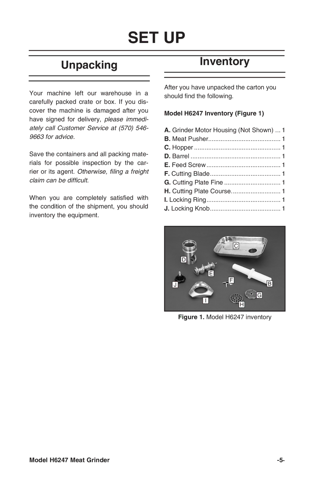 Grizzly H6247 instruction manual Set Up, UnpackingInventory 