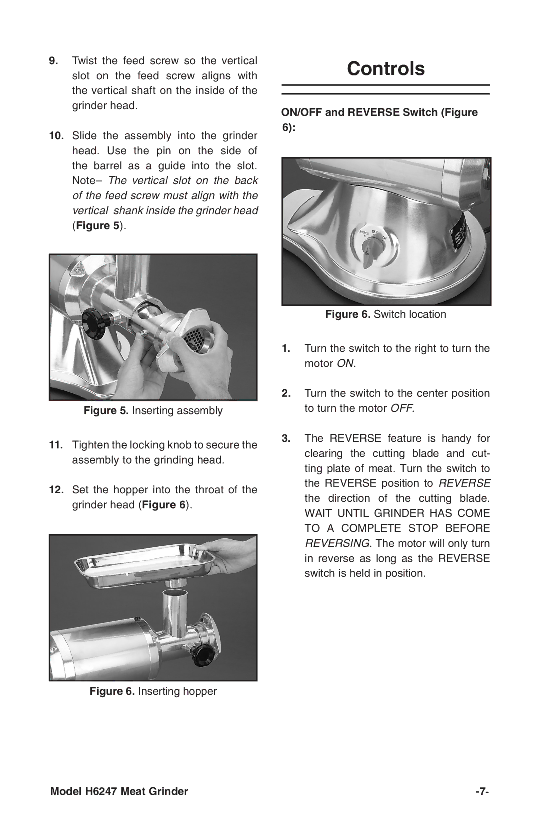 Grizzly H6247 instruction manual Controls, Inserting hopper 