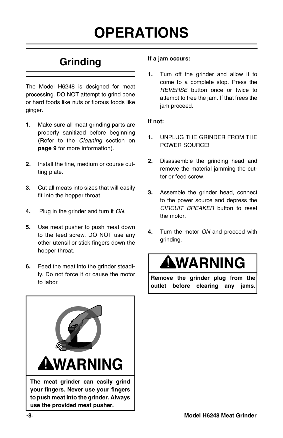 Grizzly H6248 instruction manual Operations, Grinding 