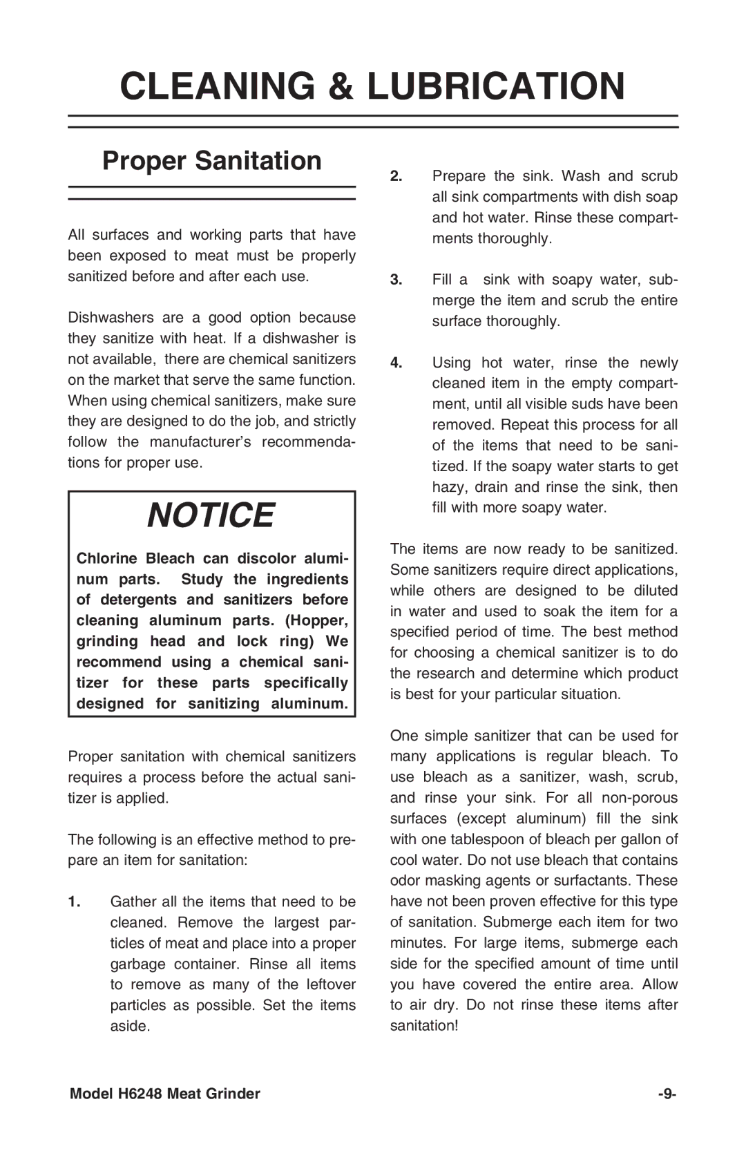 Grizzly H6248 instruction manual Cleaning & Lubrication, Proper Sanitation 