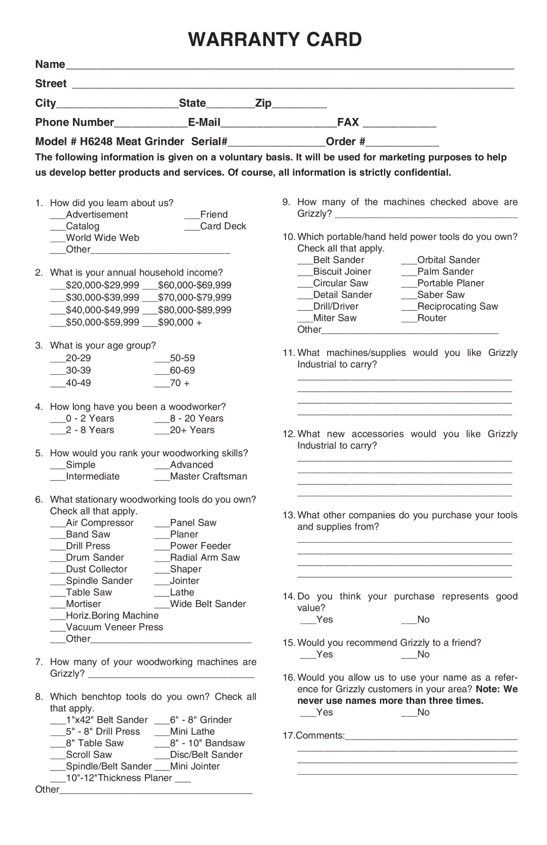 Grizzly H6248 instruction manual Warranty Card 