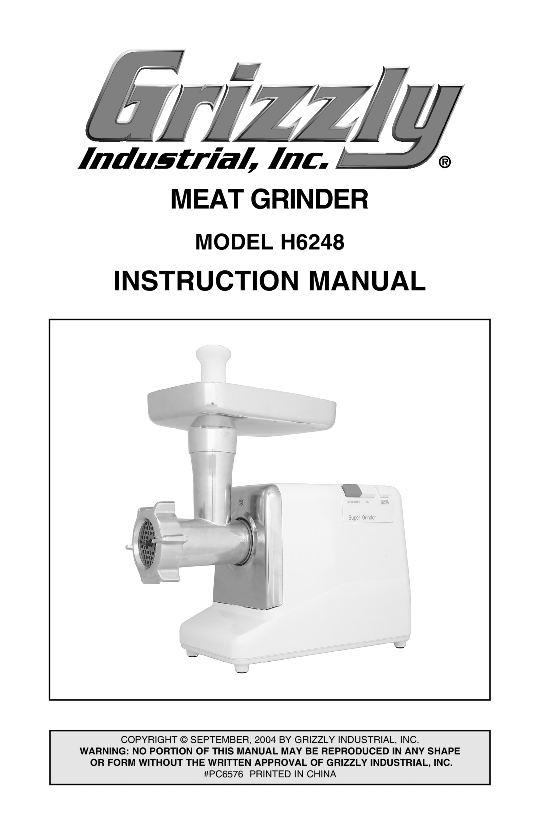 Grizzly instruction manual Meat Grinder, MODEL H6248 