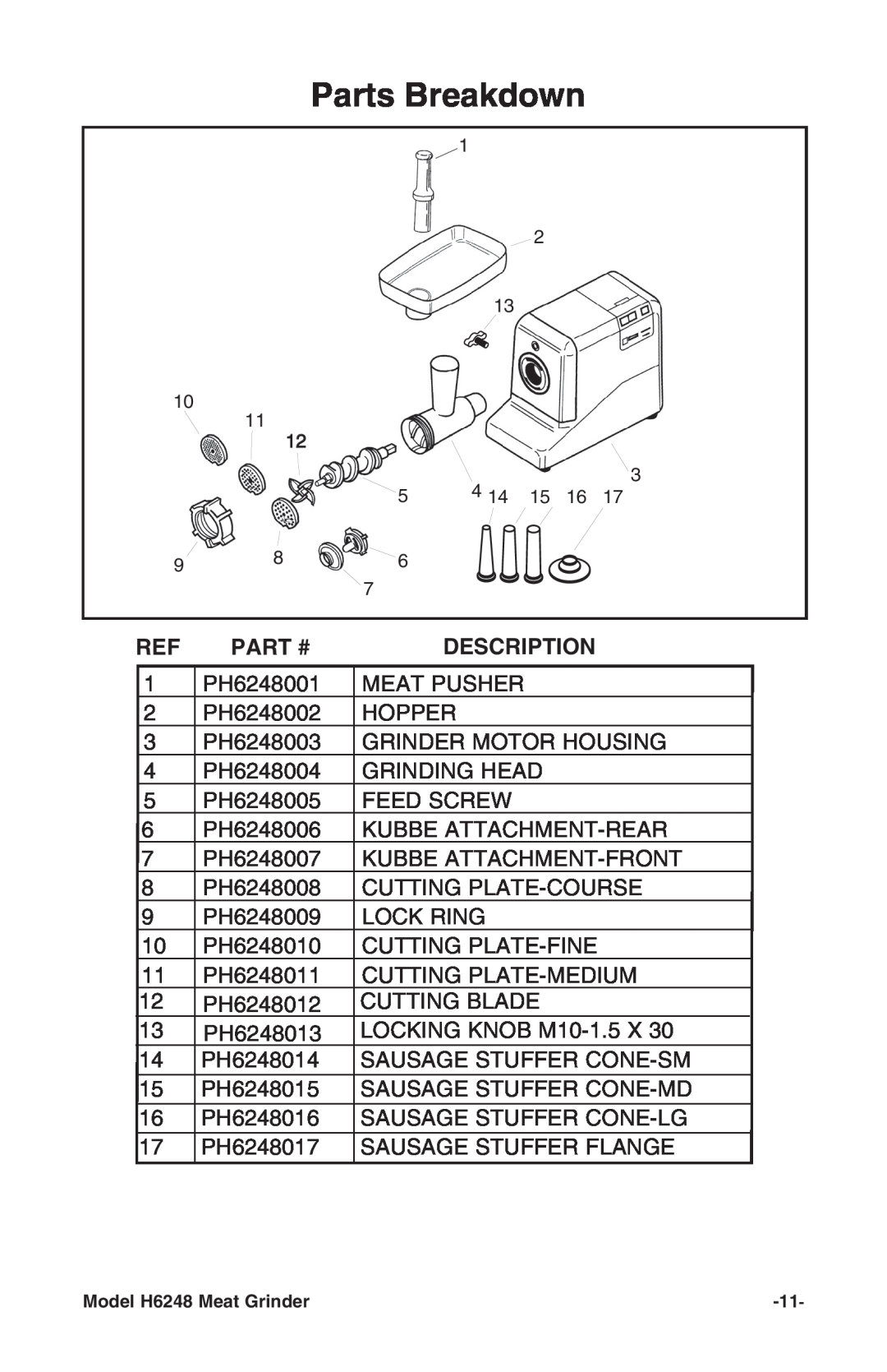 Grizzly H6248 instruction manual Part #, Description, Parts Breakdown 