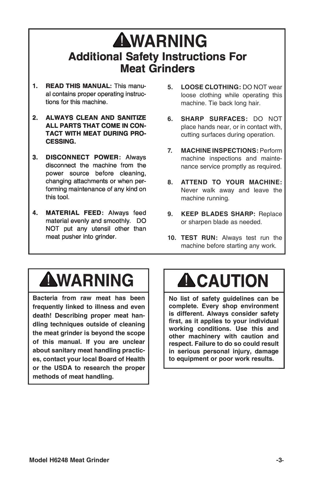 Grizzly H6248 instruction manual Additional Safety Instructions For Meat Grinders 