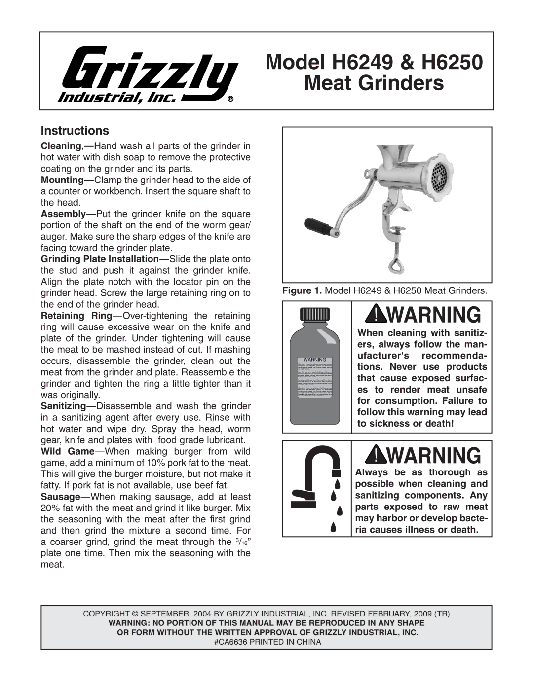 Grizzly manual Model H6249 & H6250 Meat Grinders, Instructions 