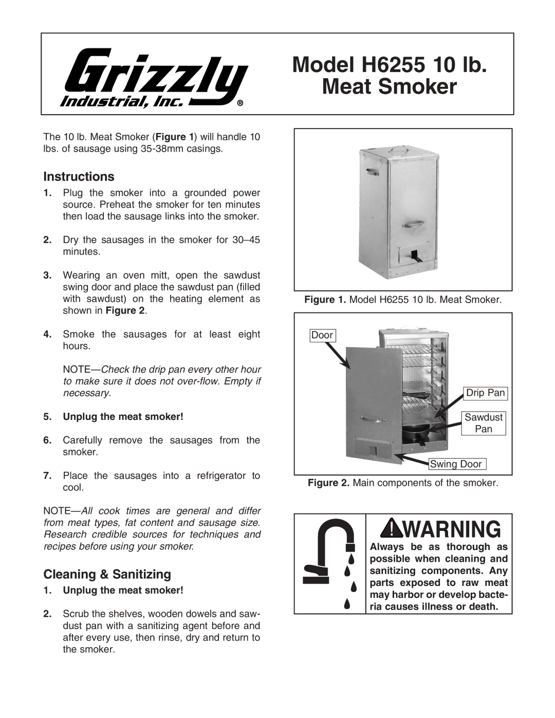 Grizzly manual Model H6255 10 lb Meat Smoker, Instructions, Cleaning & Sanitizing, Unplug the meat smoker 