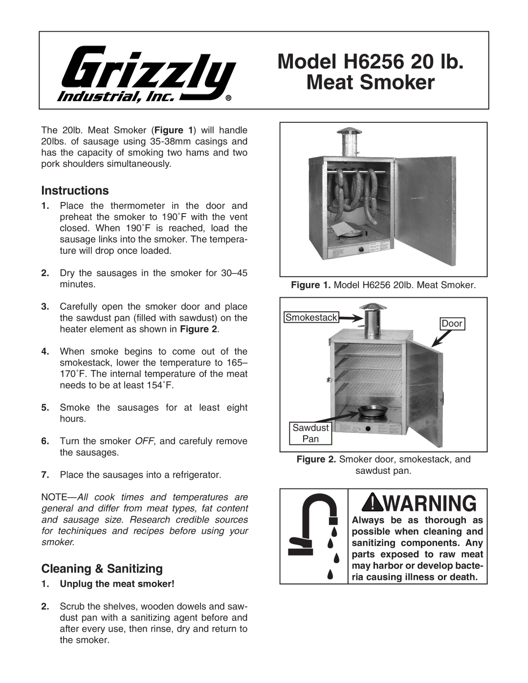 Grizzly manual Model H6256 20 lb Meat Smoker, Instructions, Cleaning & Sanitizing, Unplug the meat smoker 