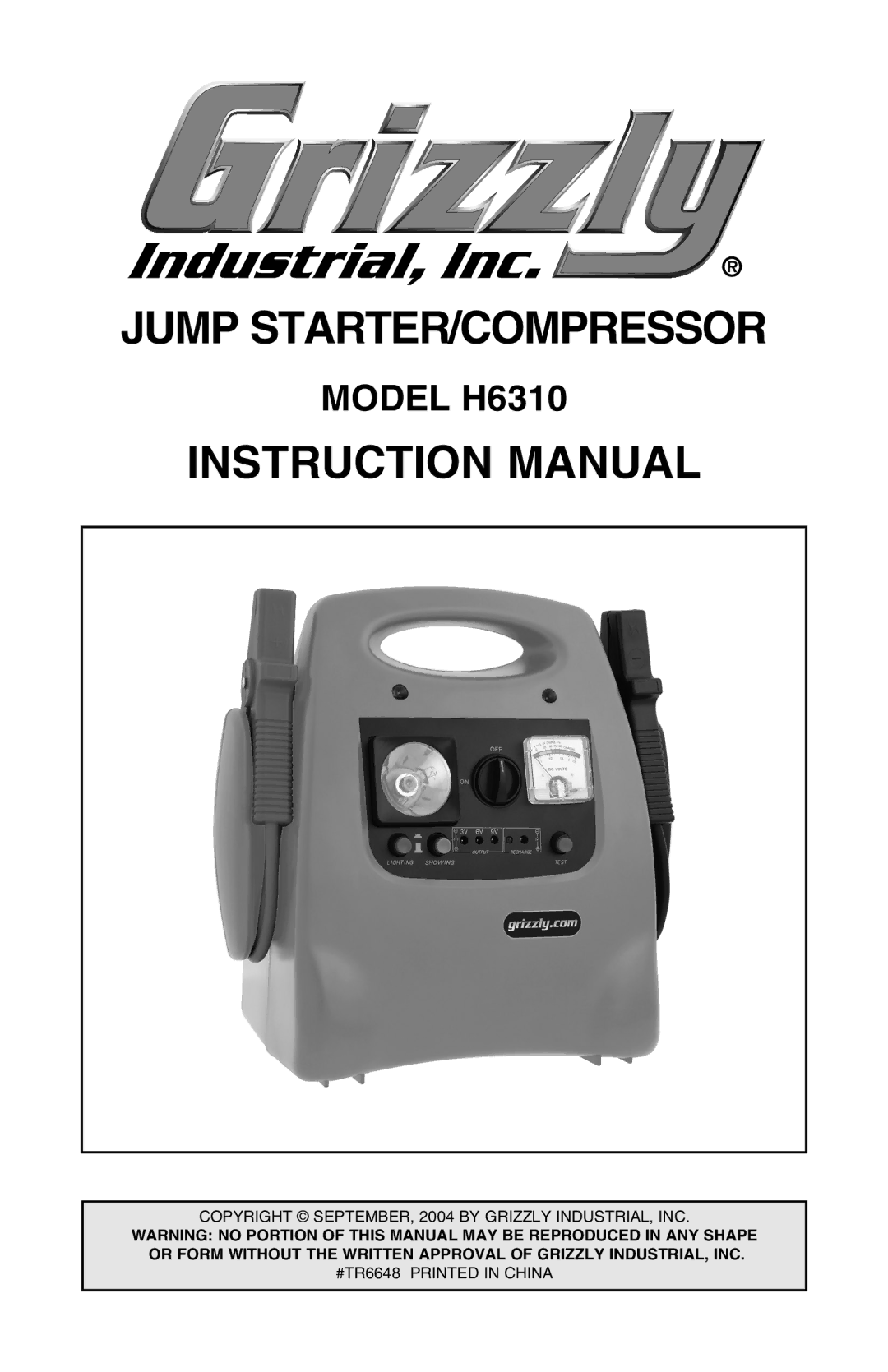 Grizzly instruction manual Jump STARTER/COMPRESSOR, Model H6310 