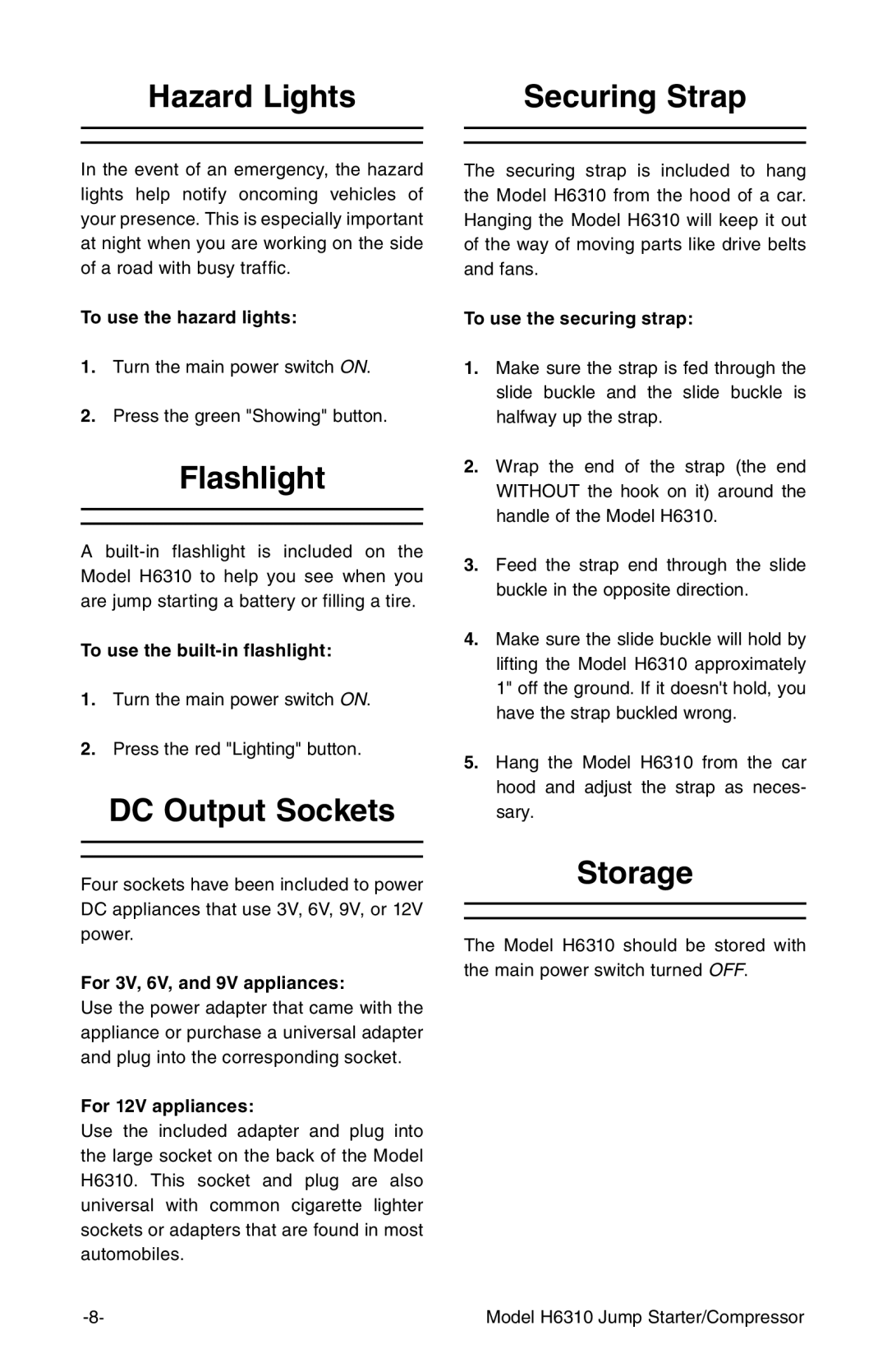 Grizzly H6310 instruction manual Hazard Lights Securing Strap, Flashlight, DC Output Sockets, Storage 