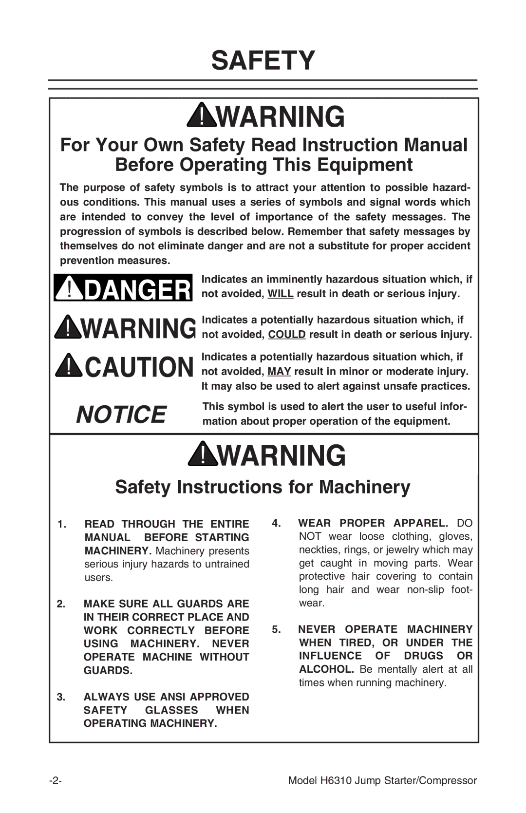 Grizzly H6310 instruction manual Before Operating This Equipment, Safety Instructions for Machinery 