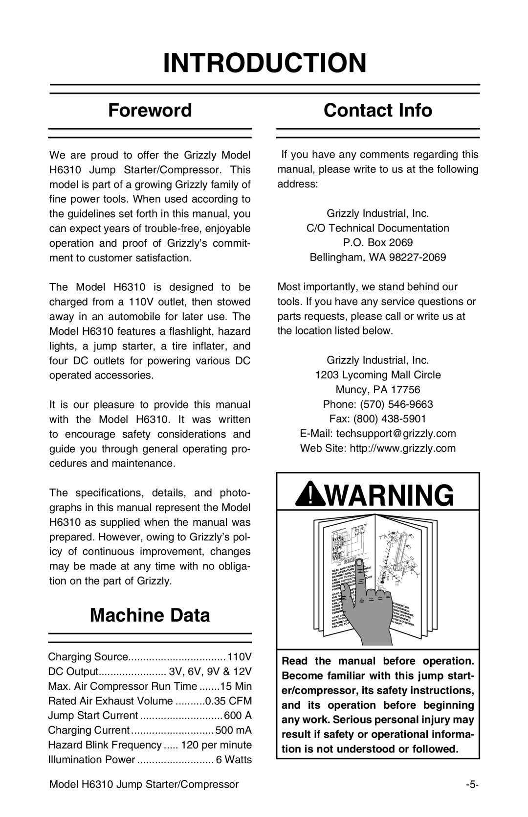 Grizzly H6310 instruction manual Introduction, Foreword Contact Info, Machine Data 