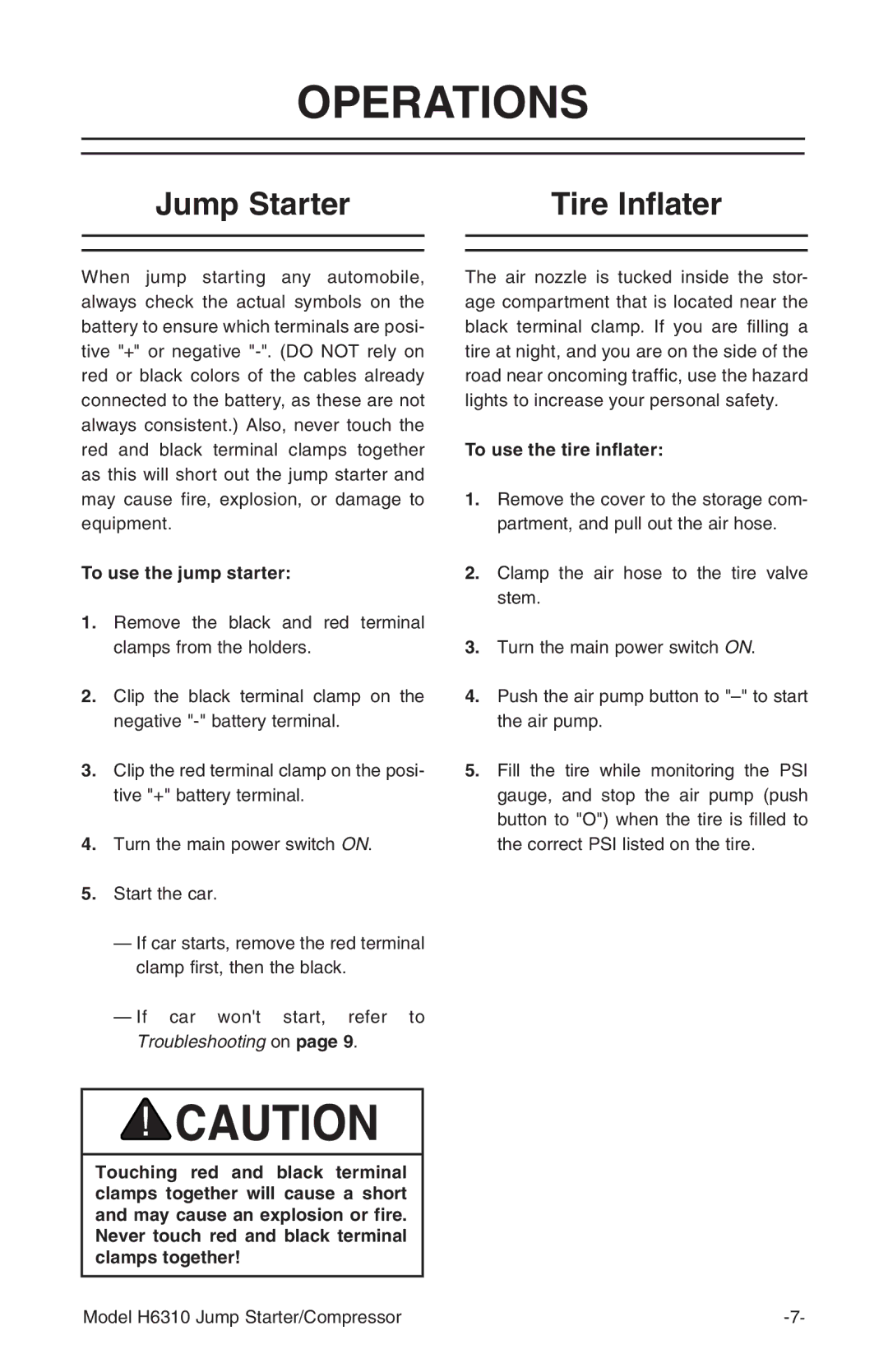 Grizzly H6310 instruction manual Operations, Jump Starter Tire Inflater, To use the jump starter, To use the tire inflater 