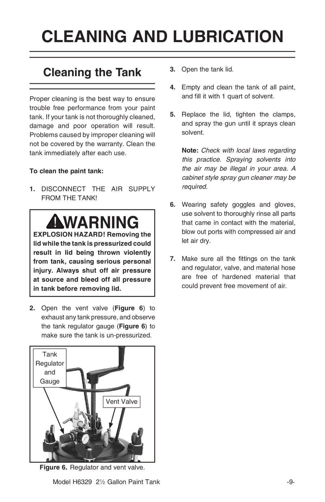 Grizzly H6329 instruction manual Cleaning and Lubrication, Cleaning the Tank, To clean the paint tank 