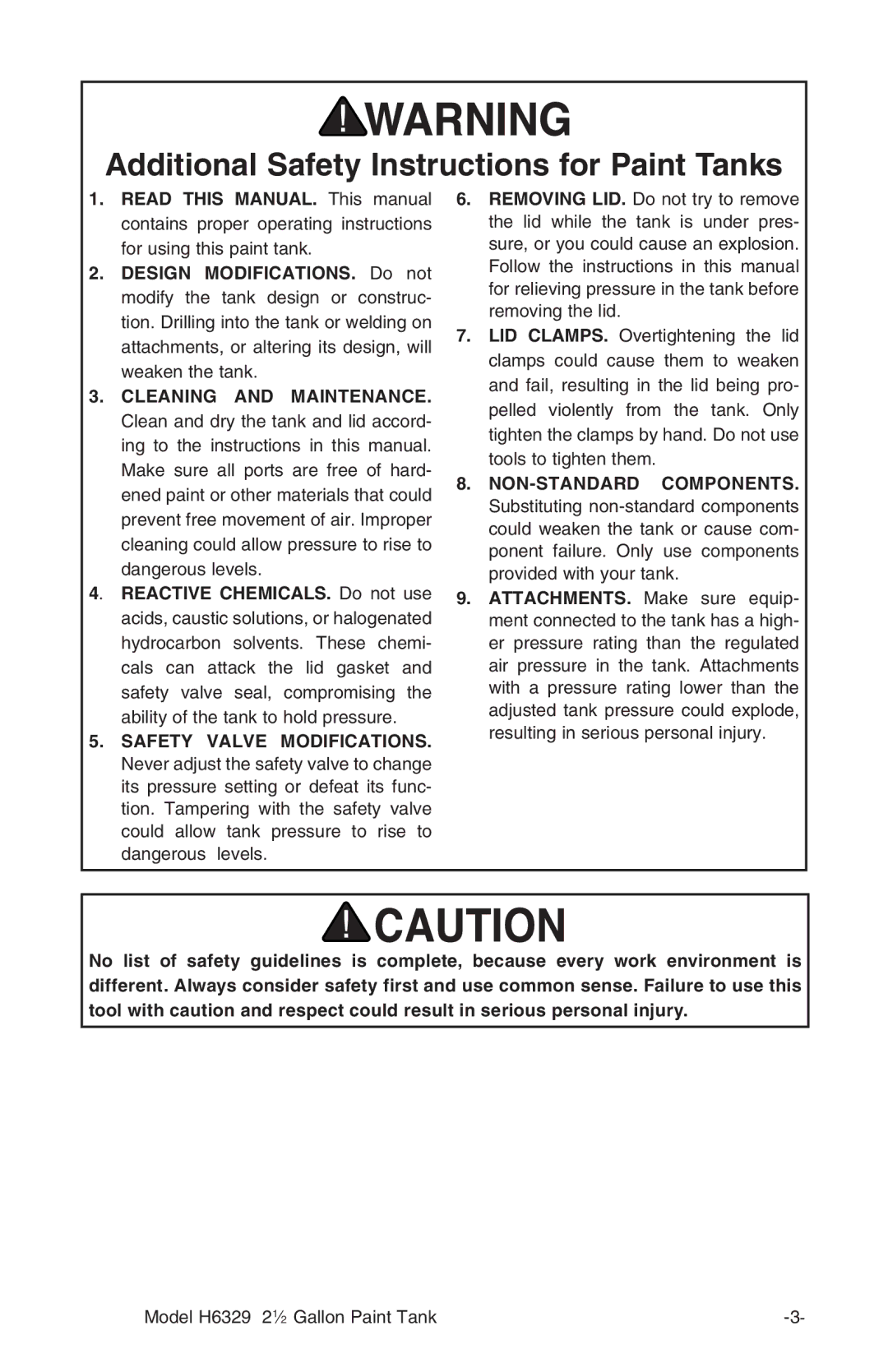 Grizzly H6329 instruction manual Additional Safety Instructions for Paint Tanks, Cleaning and Maintenance 