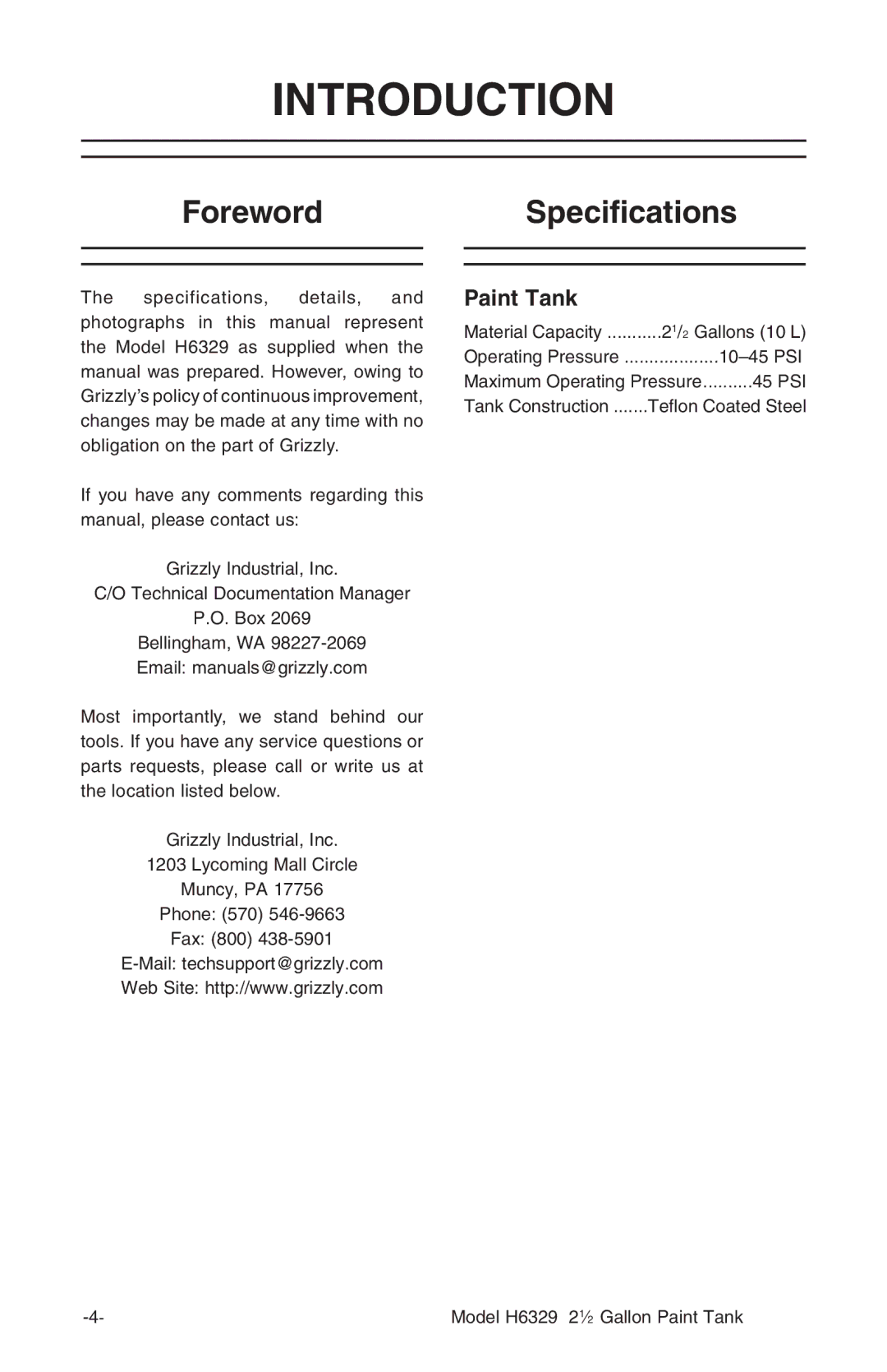 Grizzly H6329 instruction manual Introduction, ForewordSpecifications 