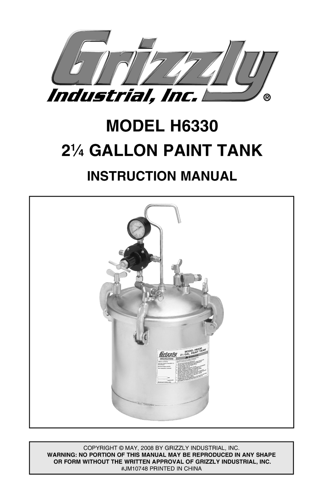 Grizzly instruction manual Model H6330 21⁄4 Gallon Paint Tank 