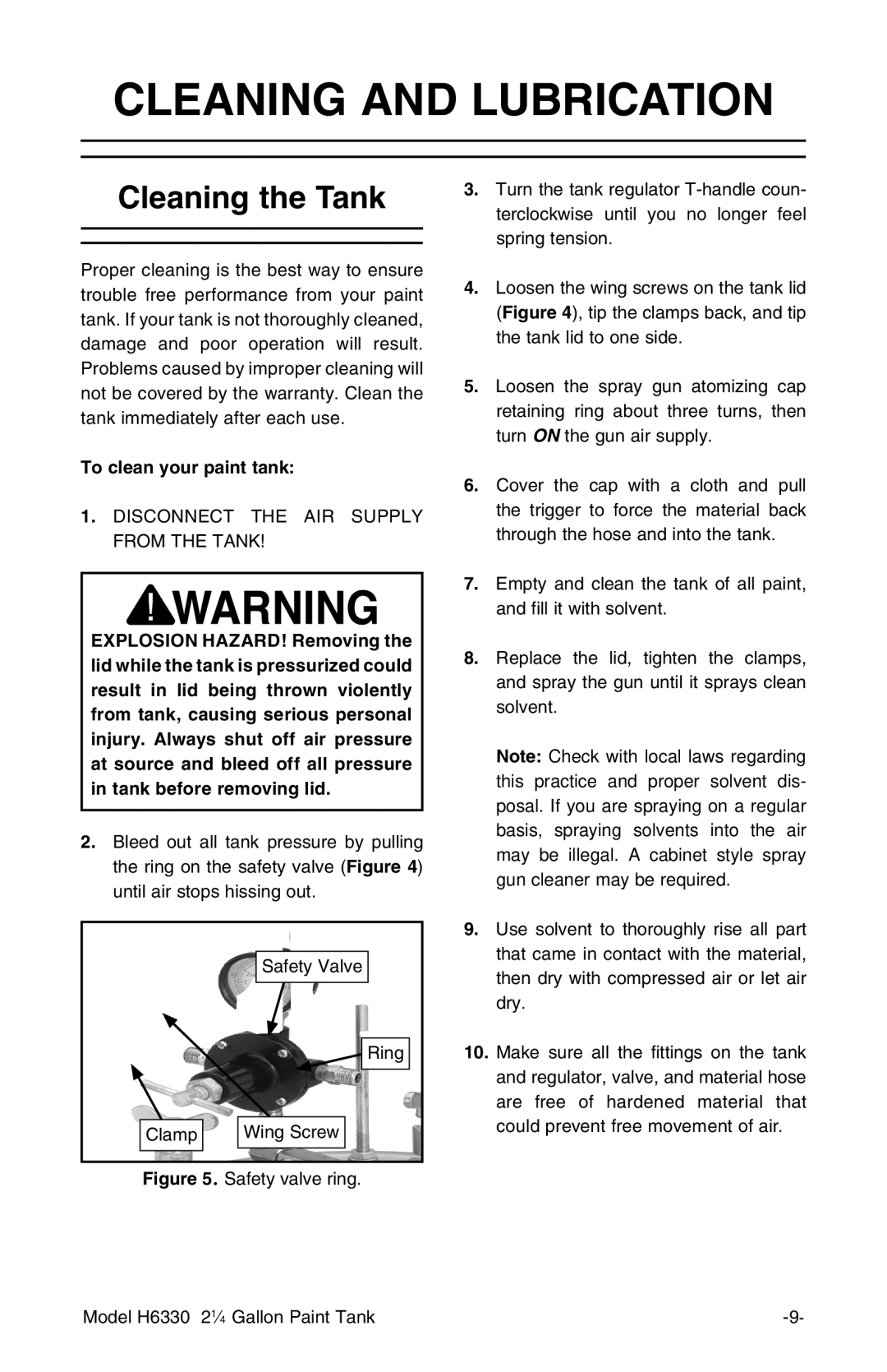 Grizzly H6330 instruction manual Cleaning and Lubrication, Cleaning the Tank 