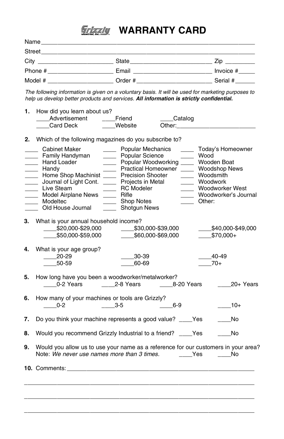 Grizzly H6330 instruction manual Warranty Card 