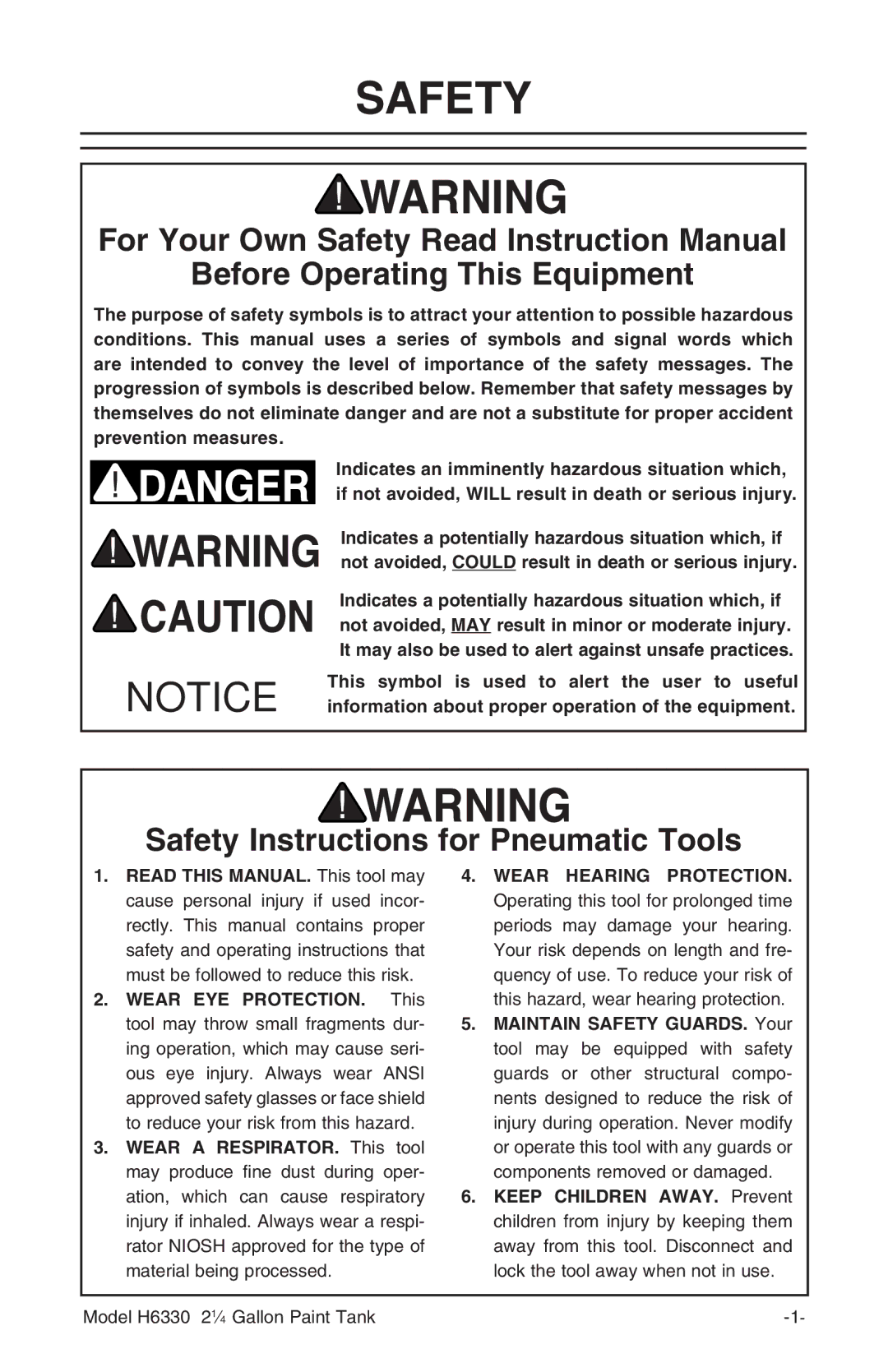 Grizzly H6330 instruction manual Before Operating This Equipment, Safety Instructions for Pneumatic Tools 