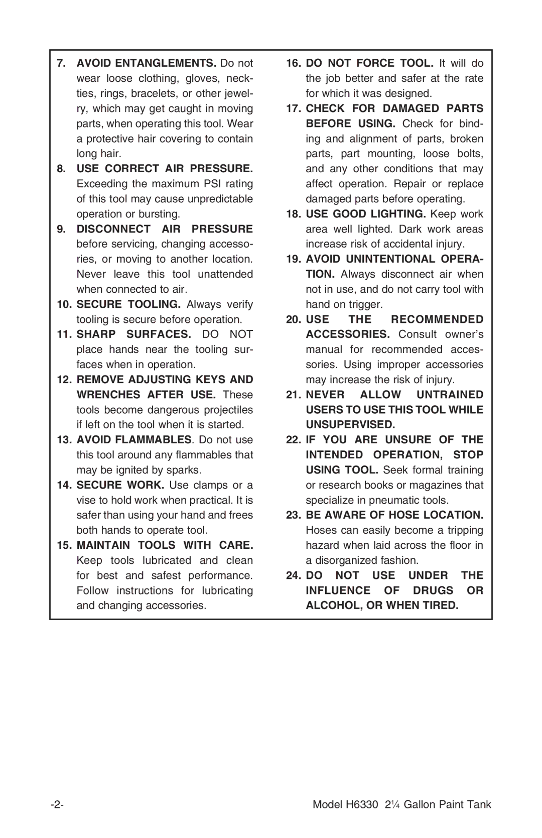 Grizzly H6330 instruction manual USE Correct AIR Pressure 