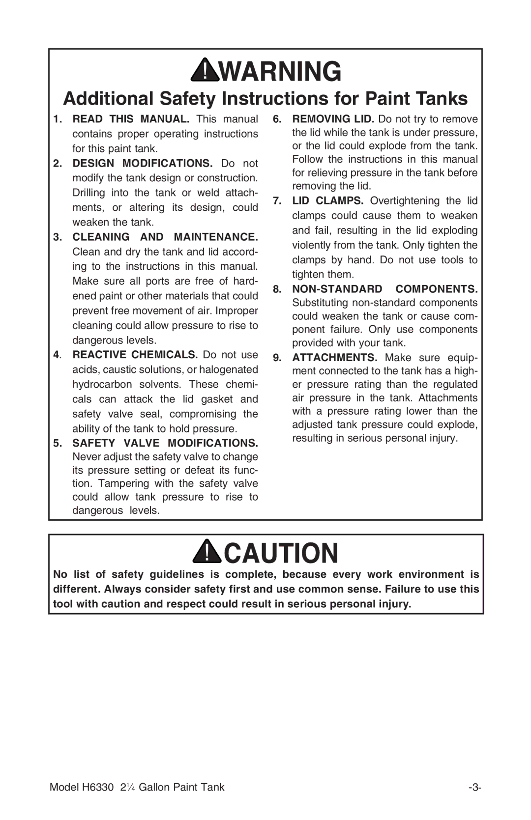 Grizzly H6330 instruction manual Additional Safety Instructions for Paint Tanks, Cleaning and Maintenance 