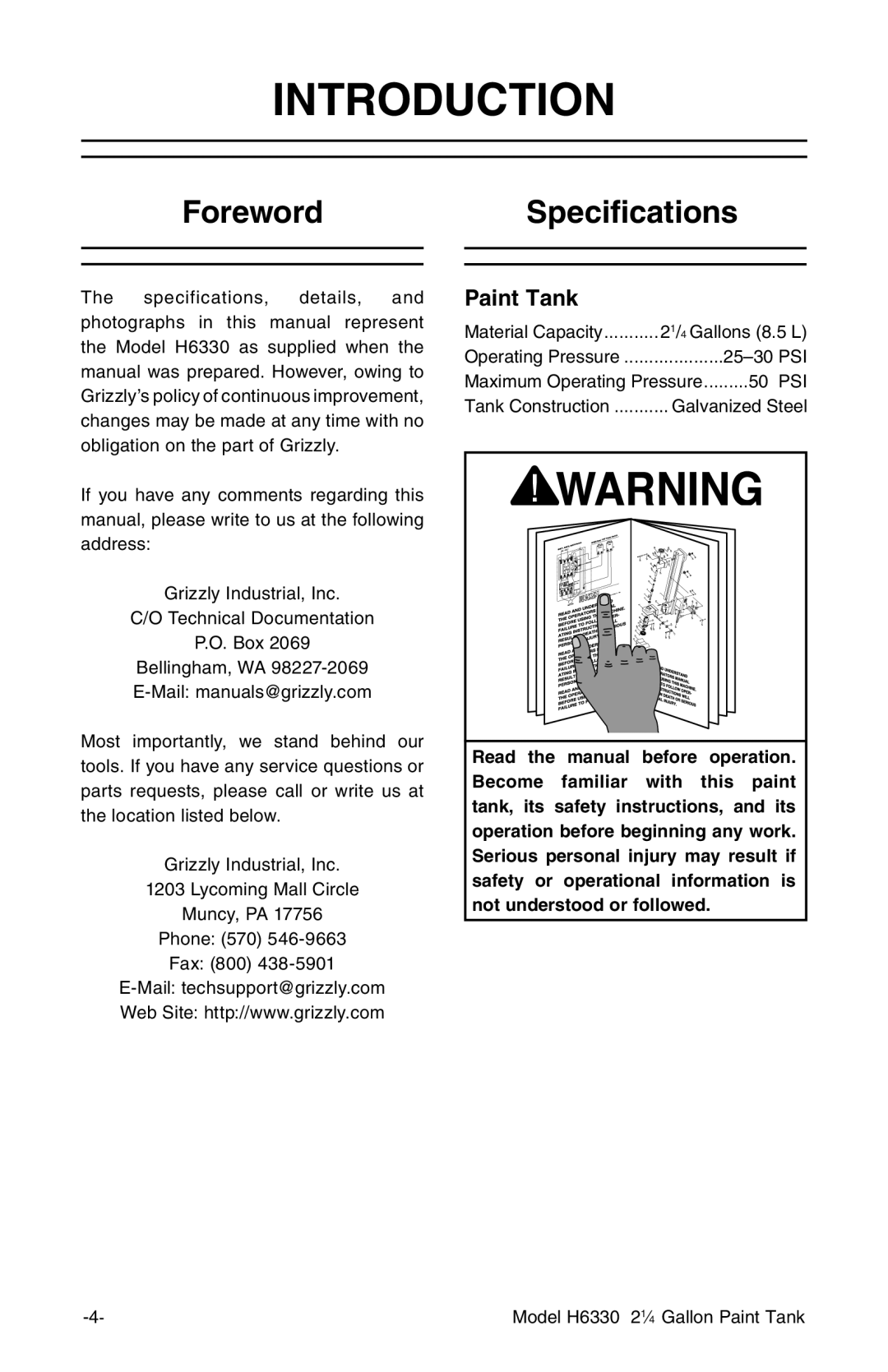 Grizzly H6330 instruction manual Introduction, ForewordSpecifications 