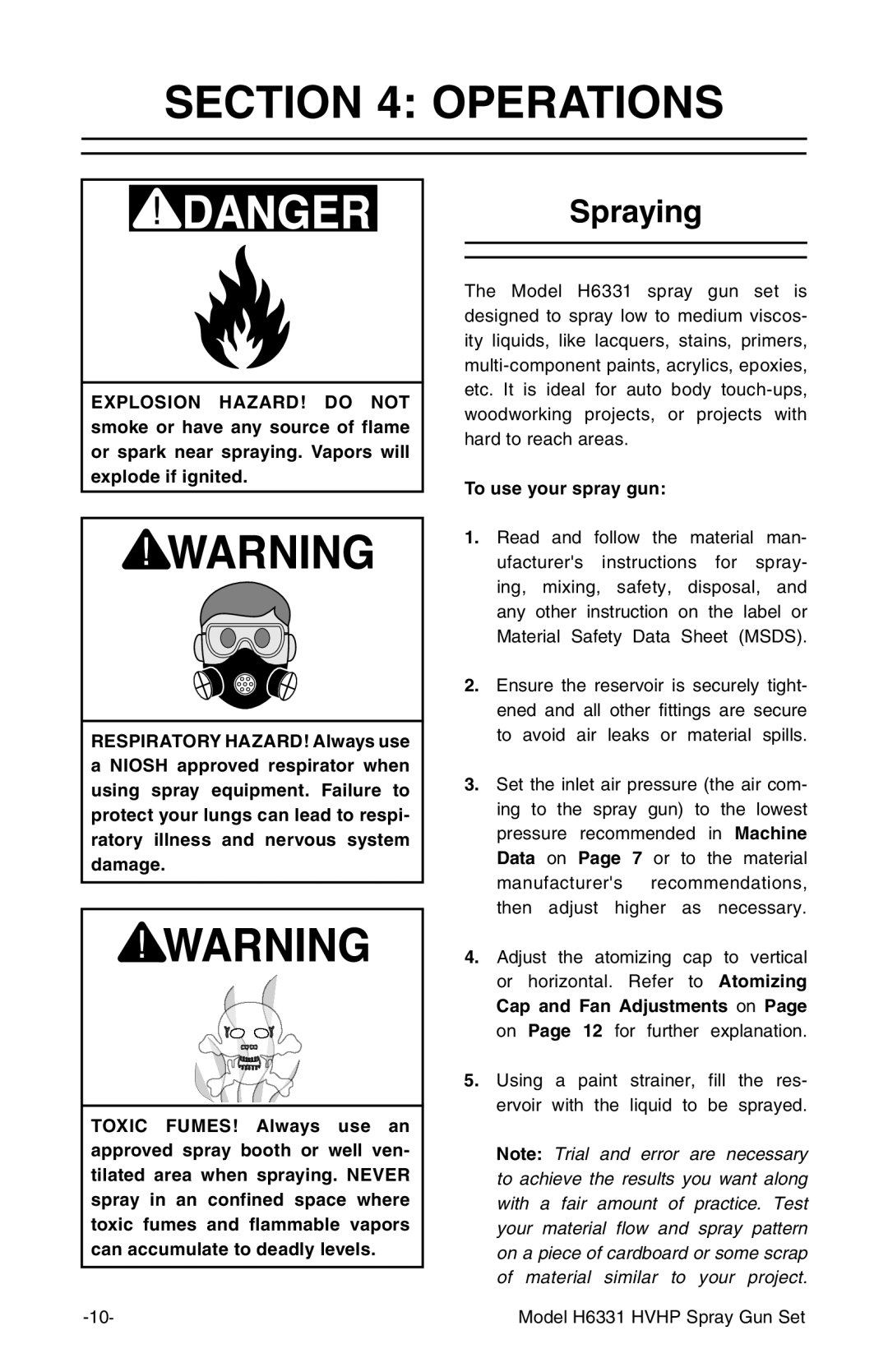 Grizzly H6331 instruction manual Operations, Spraying, To use your spray gun 