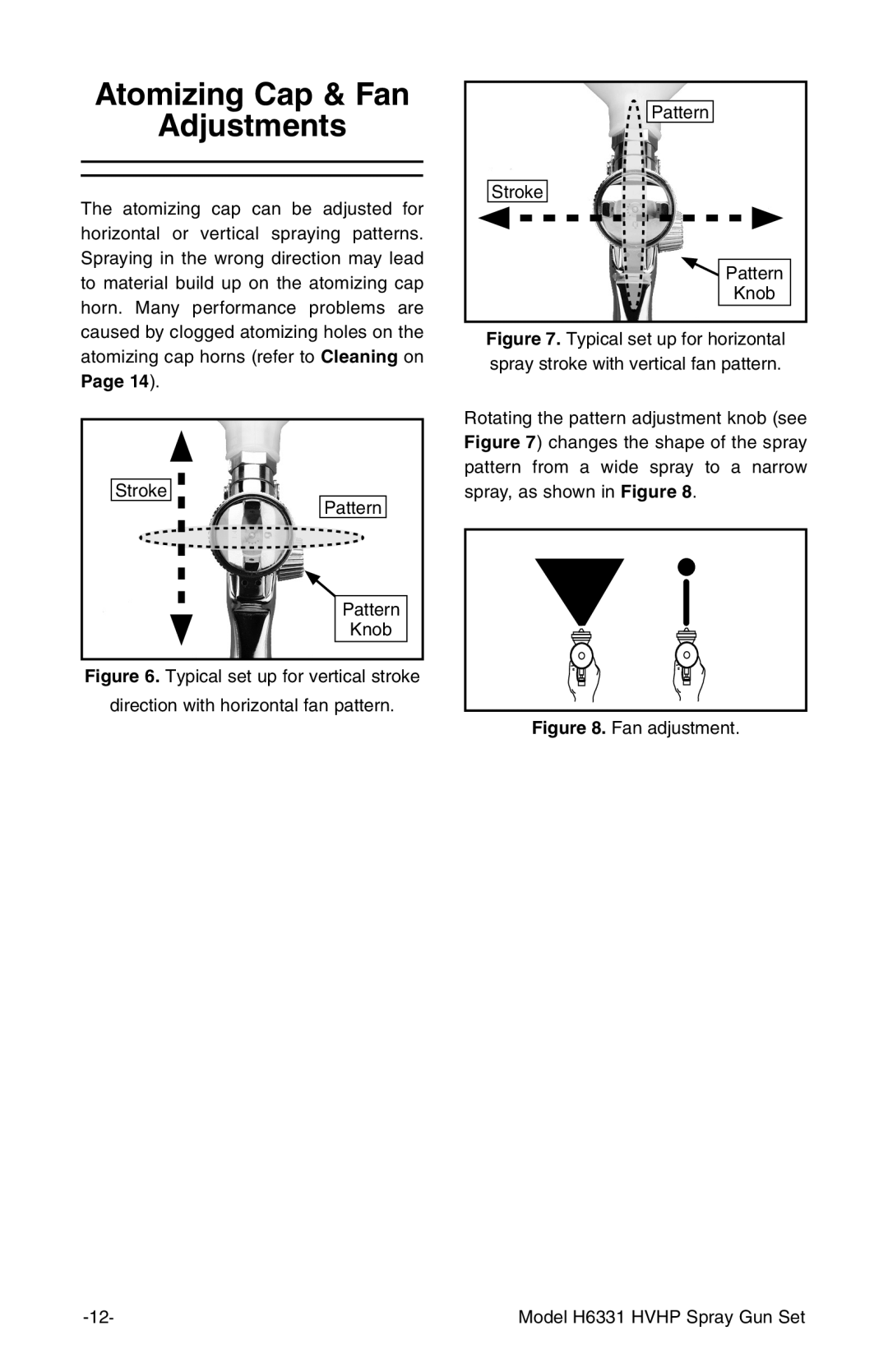 Grizzly instruction manual Atomizing Cap & Fan Adjustments, Fan adjustment Model H6331 Hvhp Spray Gun Set 