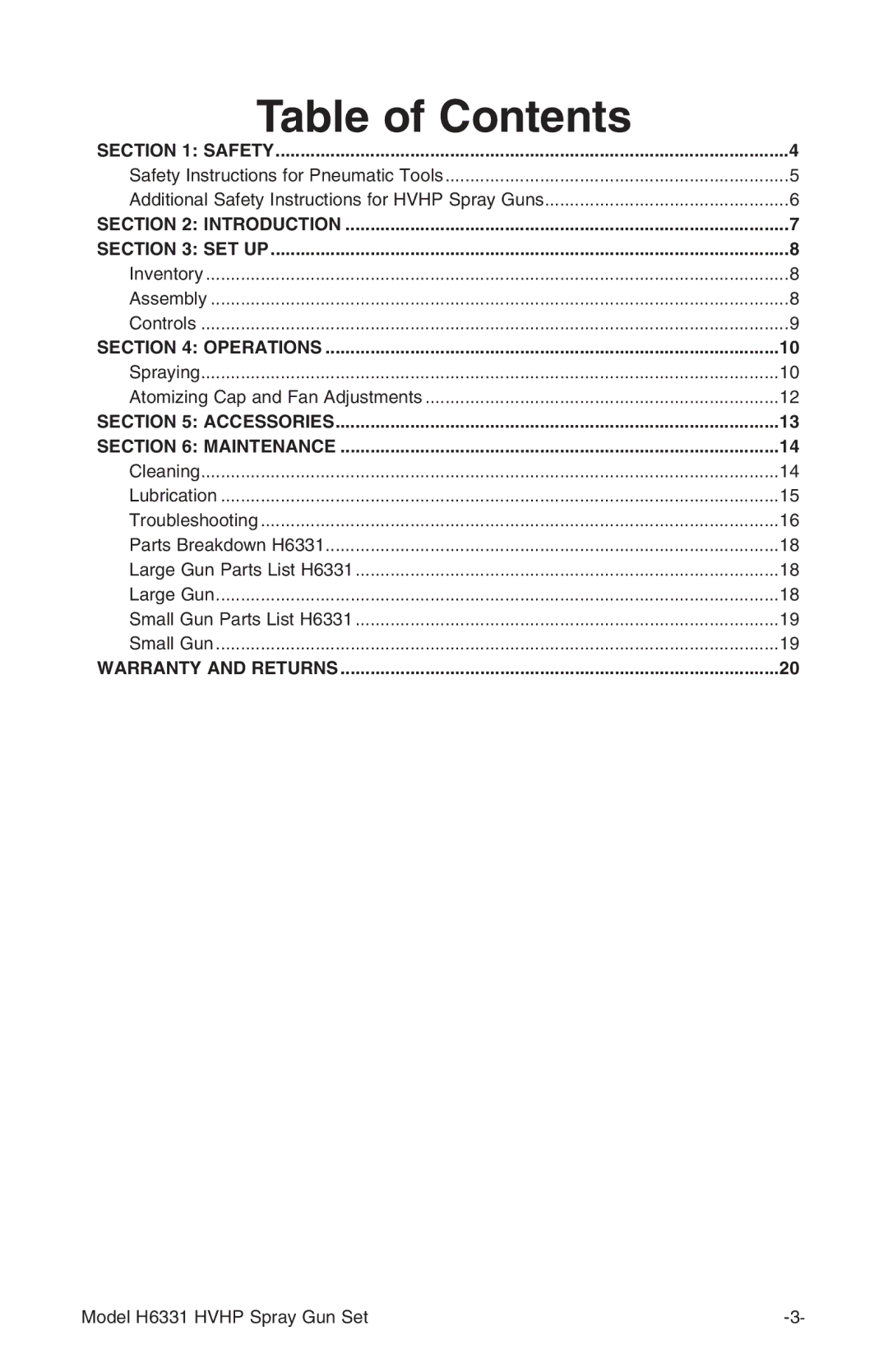 Grizzly H6331 instruction manual Table of Contents 