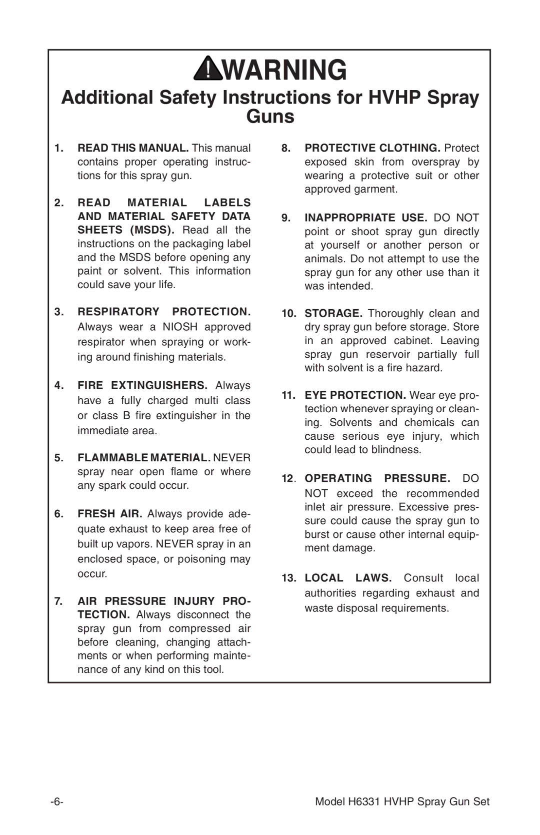 Grizzly H6331 Additional Safety Instructions for Hvhp Spray Guns, Respiratory Protection, Operating PRESSURE. do 